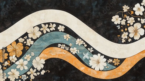 Intricate floral design with flowing, wavy lines.