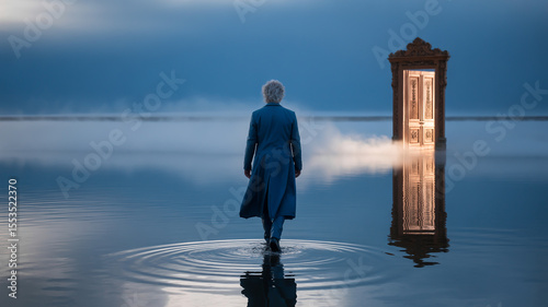 A woman walking towards a glowing door in the middle of a calm body of water at dusk or dawn