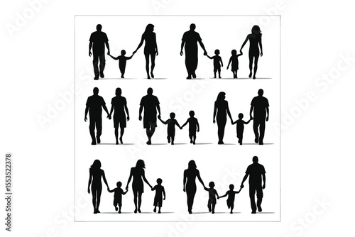 Family Silhouette: A collection of elegant black silhouettes depicts families walking together, each holding hands in a heartwarming display of love and togetherness.