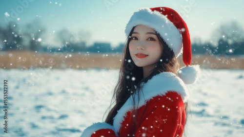 cute Asian woman in Santa costume standing in the empty snow field, cold winter