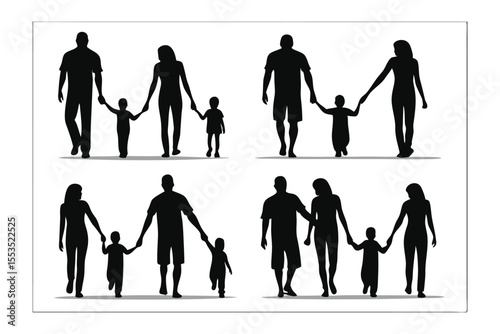 Family Silhouettes: Father, mother, and child rendered in sleek silhouette on white, evoke a sense of unity and love with various positions.
