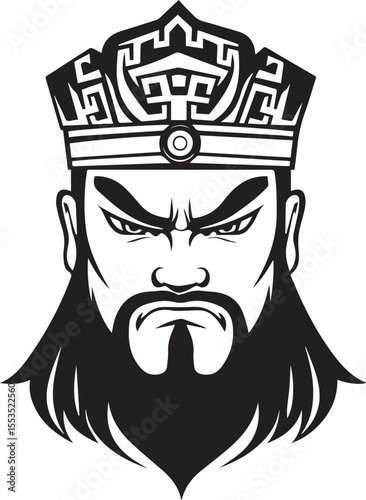 Emperor's Portrait: A stern-faced emperor with a flowing beard and ornate crown, rendered in a striking black and white illustration.  