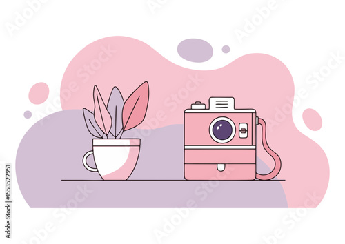 Camera beside a potted plant, symbolizing creativity and lifestyle in a modern setting with soft pastel colors