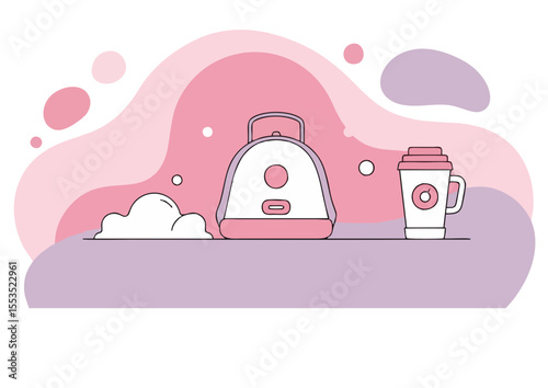 Backpack and coffee cup on a flat surface, symbolizing lifestyle and convenience in a modern setting with soft pastel colors