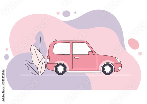 Stylized car next to a plant, symbolizing eco-friendly transportation and modern lifestyle in a playful setting with soft pastel colors