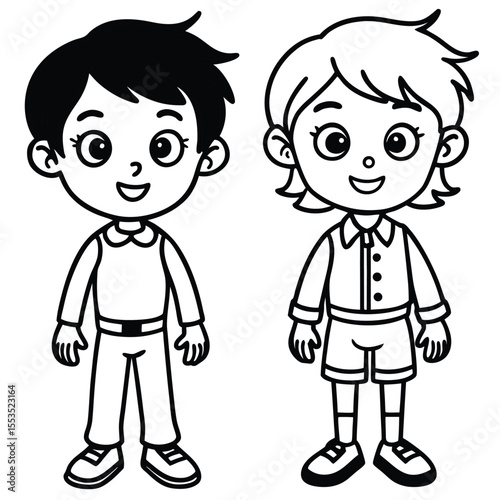 Two cartoon children stand side by side. The child on the left has black hair and wears a long-sleeved shirt with pants. The child on the right has light hair and wears a buttoned shirt with shorts.
