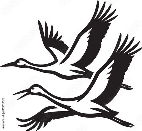 Storks in flight silhouette graceful and strong, Elegant bird pair in motion vector art
