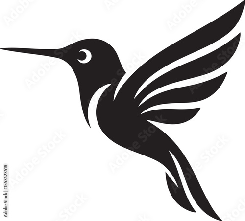 Hummingbird silhouette elegant in flight, Graceful bird flying black and white artwork