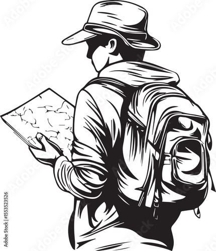 The Explorer's Journey: A lone explorer, map in hand, embarking on an exciting adventure, filled with anticipation, is captured in an detailed line art style.