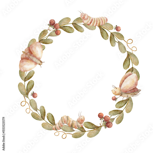 Moth, butterfly watercolor illustration insects caterpillar green branches leaves, red berries. Template round drawn in children's style on isolated background for design postcards, holidays, clothes
