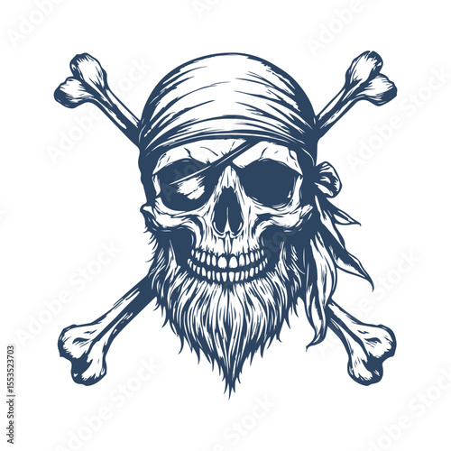 Vintage Pirate Skull with Beard, Eyepatch, and Crossed Bones. Hand Drawn Tattoo Style vector Illustration on White Background