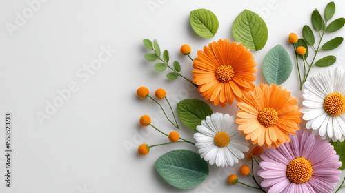 Colorful daisy flowers with green leaves on white background, cheerful and fresh composition