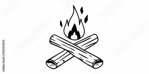 a campfire with crossed logs and flames in a simple black and white design style