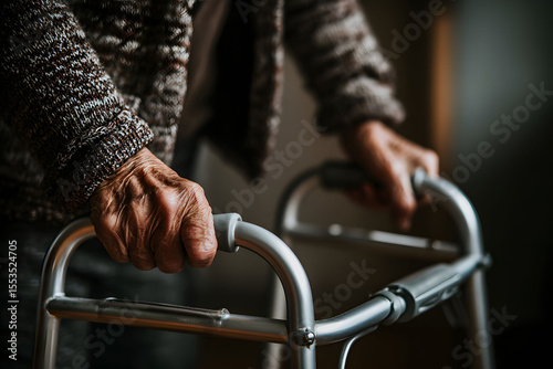 Close up of Elderly Person's Hands Gripping a Walker