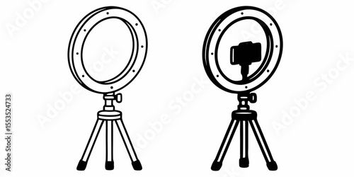 showcasing two ring lights one with a phone holder and tripod stands in black and white