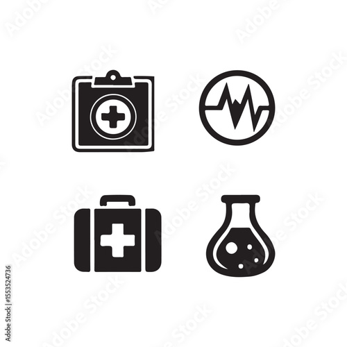 Medical Icons Set for Healthcare Applications.A collection of four black and white medical icons, suitable for use in healthcare apps, websites, or presentations.