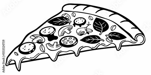 Black and white a pizza slice with mushrooms and spinach toppings outlined nicely