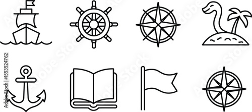 Nautical and Sea Icons Featuring Ships, Anchors, Flags, and Compasses