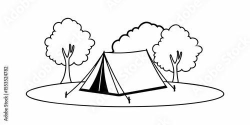 a tent pitched on a grassy area surrounded by two trees and some clouds above it