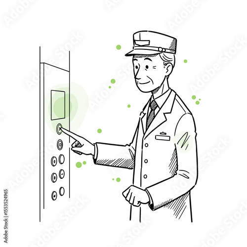 Elevator operator pressing button — vector illustration for hospitality and service design