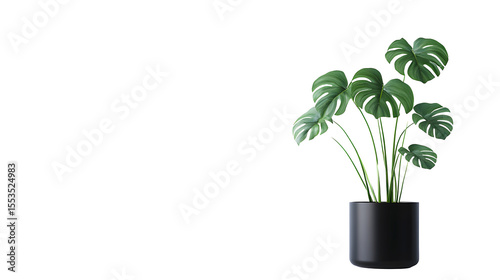 Green monstera plant in a black pot,  isolated on white or transparent  background