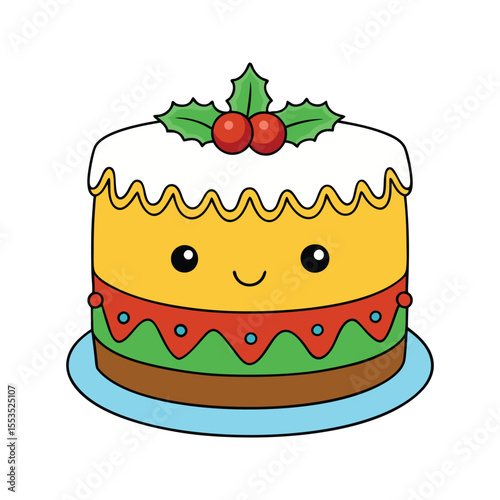 Smiling festive cake with a bow and bright icing decoration vector illustration isolated on white background