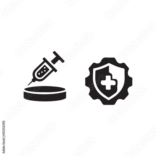 Vaccination and Protection Icons, Healthcare Vector Graphics.A vector graphic set featuring a syringe and a shield, both in black and white.