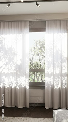Living room interior in light warm colors, on a sunny day. 3D render