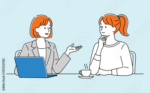 Two Women Engaged in Conversation, Discussing Business or Personal Topics, Active Listening and Explaining with Laptop and Coffee