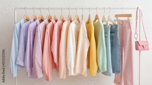 Wallpaper Mural Colorful collection of sweaters and jeans displayed on a clothing rack in a bright and stylish boutique setting Torontodigital.ca