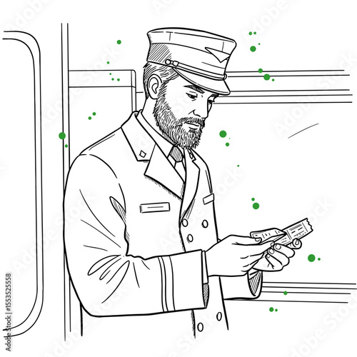 Train conductor checking tickets — vintage-style vector illustration for transport services