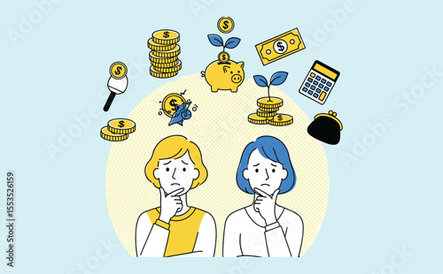 Women Pondering Financial Decisions, Surrounded by Money Icons Representing Savings, Investments, and Budgeting Challenges, Financial Planning