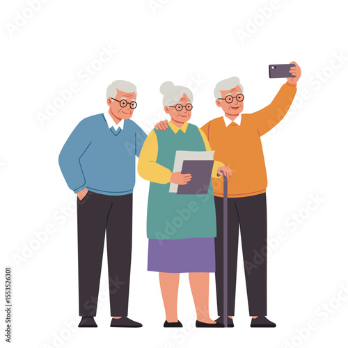 Elderly friends taking selfies together with a smartphone on white background  