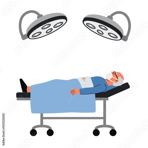 Elderly man recovering after surgery on hospital bed with lights  