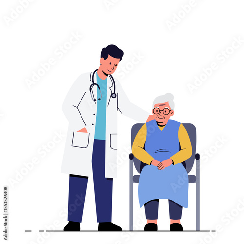 Doctor comforting elderly patient sitting in chair with care  