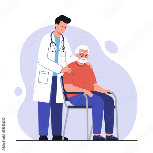 Doctor comforting elderly patient sitting in chair indoors  