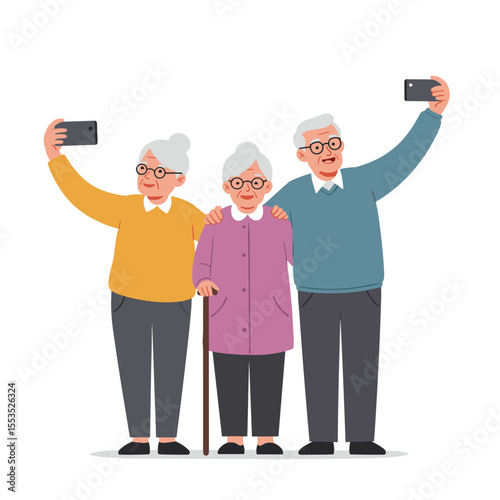 Elderly friends taking selfies and smiling together in casual outfits  