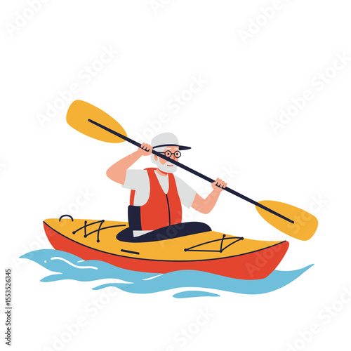Elderly man kayaking on river with paddle and life jacket  
