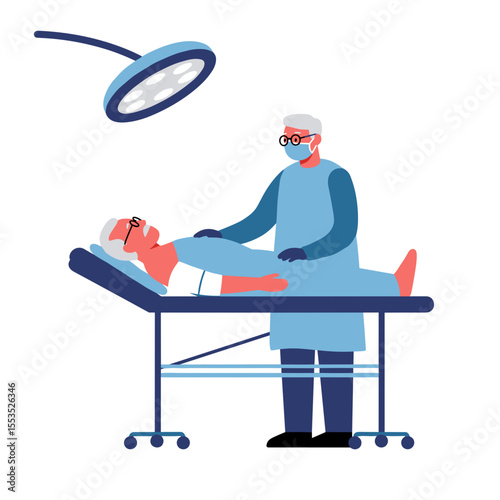 Elderly man after surgery being assisted by doctor in operating room  