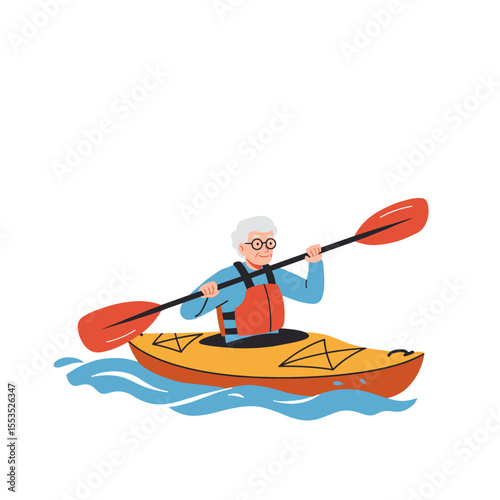 Elderly woman kayaking on river with orange kayak and paddles  