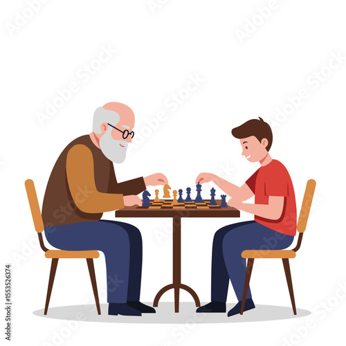 Grandfather playing chess with boy at table indoors  