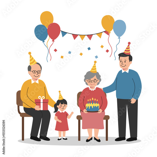 Family celebrating elder's birthday with cake and balloons in home  