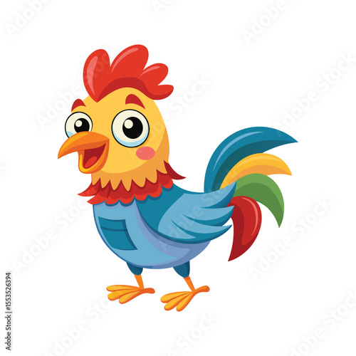 Smiling rooster character with bright feathers and big eyes vector illustration isolated on white background