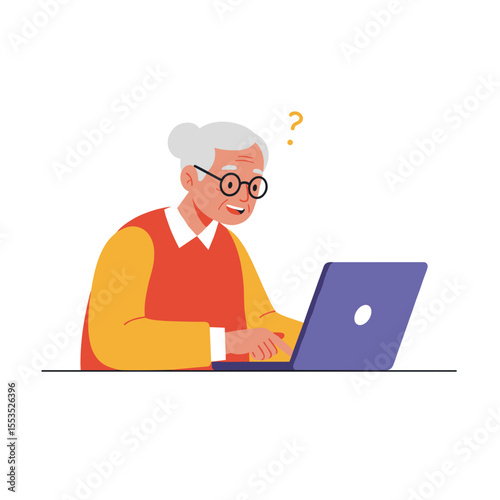 Senior woman smiling while using laptop with a questioning expression  