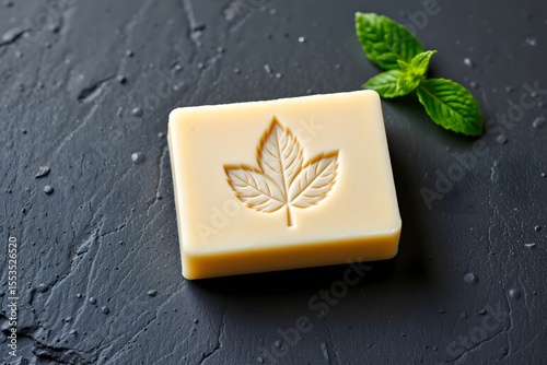 Botanical Soap and Mint: a close-up captures a handcrafted bar of soap elegantly adorned with a leaf motif, complemented by a sprig of fresh mint, radiating natural beauty and freshness.