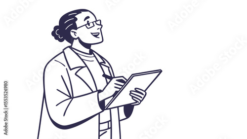 Woman in lab coat, smiling, taking notes, white background, line art.