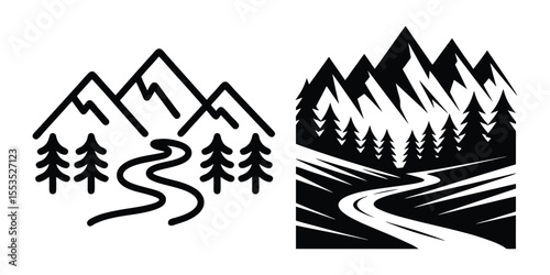 Mountain landscape line art with a river and pine trees, a simple hand-drawn vector illustration on white background