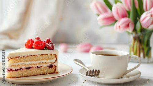 Happy mother's day cake, flower and coffee cup on white table. Happy mother's day concept 
