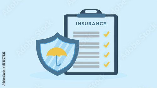 Insurance policy document on clipboard with yellow checkmarks and shield with umbrella icon design is shown