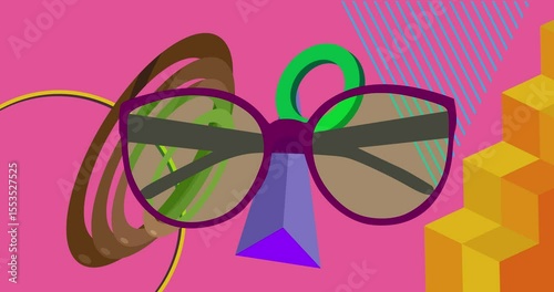 Sunglasses geometrical graphic retro Eyewear theme background video. Minimal geometric elements animation. Vintage abstract shapes illustration for advertising.